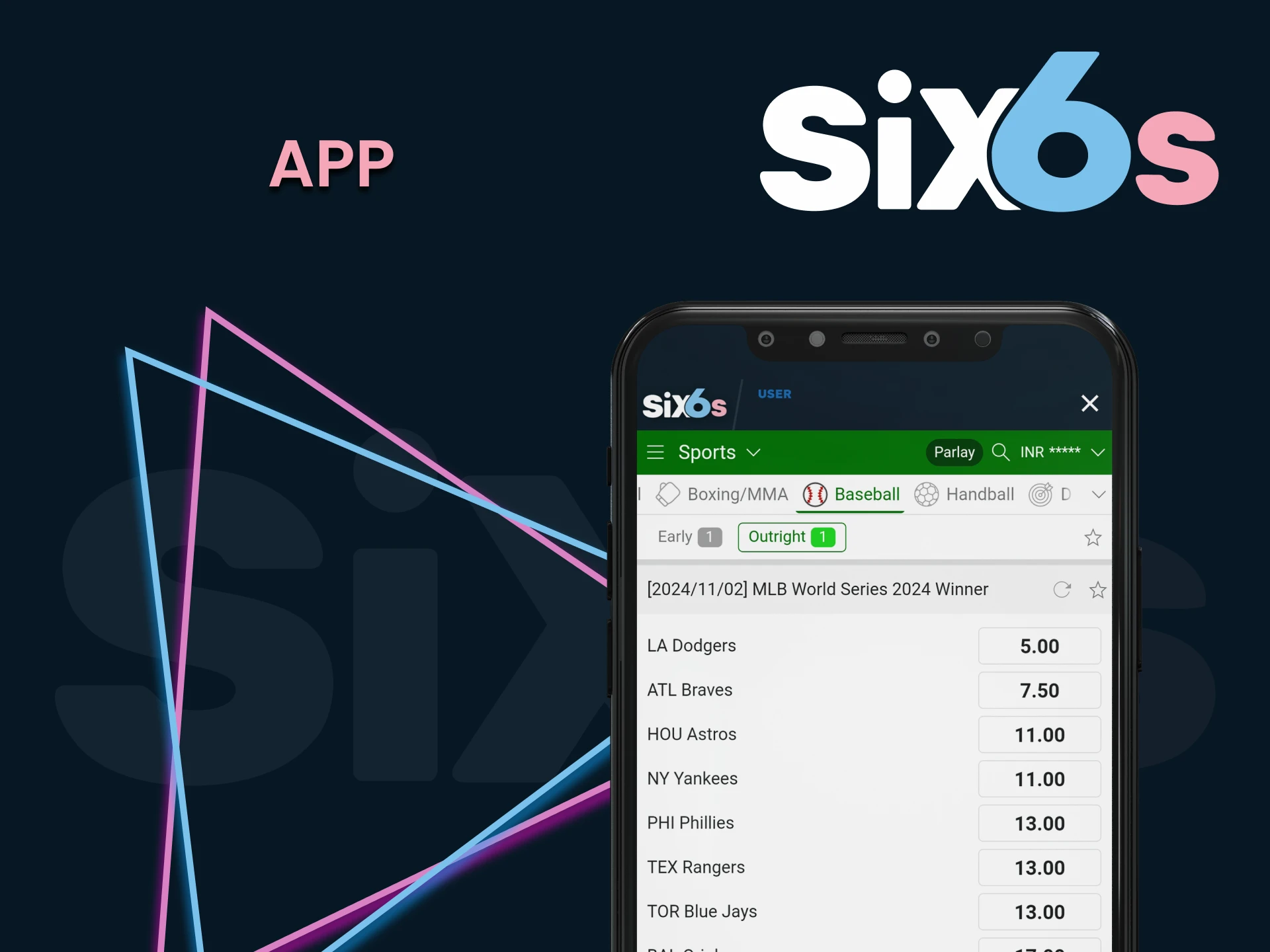 Place bets on baseball using the Six6s app.