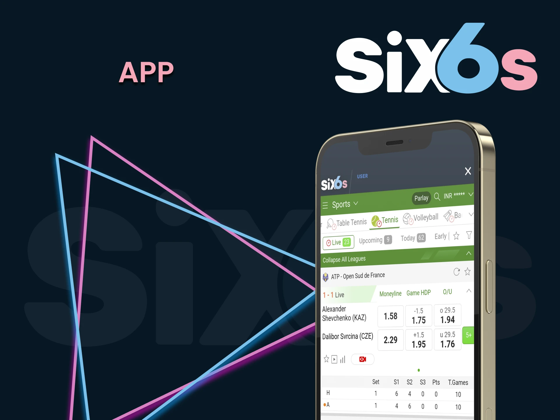 Place bets on tennis using the Six6s app.
